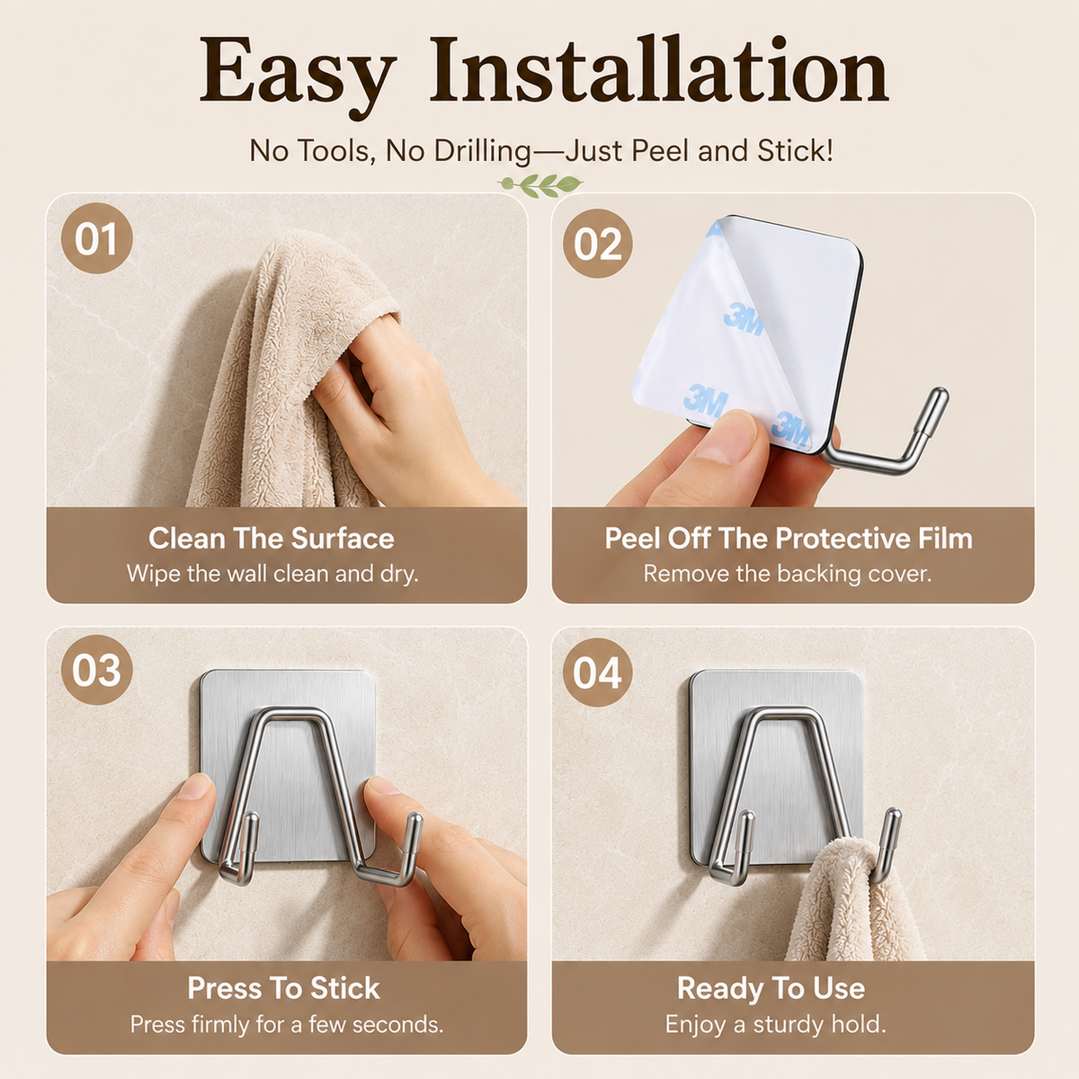 HASTHIP 4-Pack Adhesive Wall Hooks, SUS-304 Stainless Steel Double Hooks, 30 lb Each, Silver
