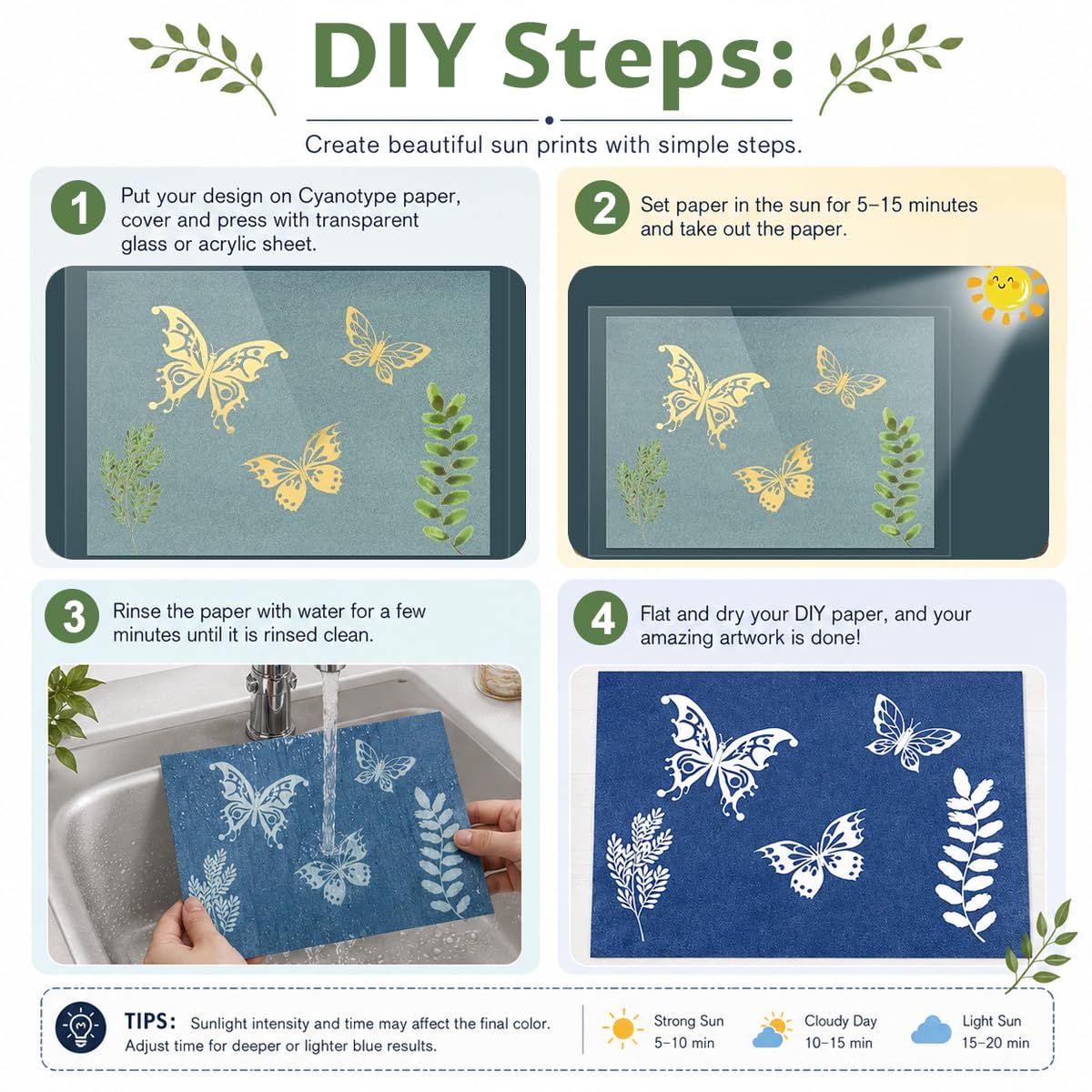 HASTHIP 16 Pieces Cyanotype Paper Kit with A4, A5 and A6 Sun-Print Sheets for DIY Projects