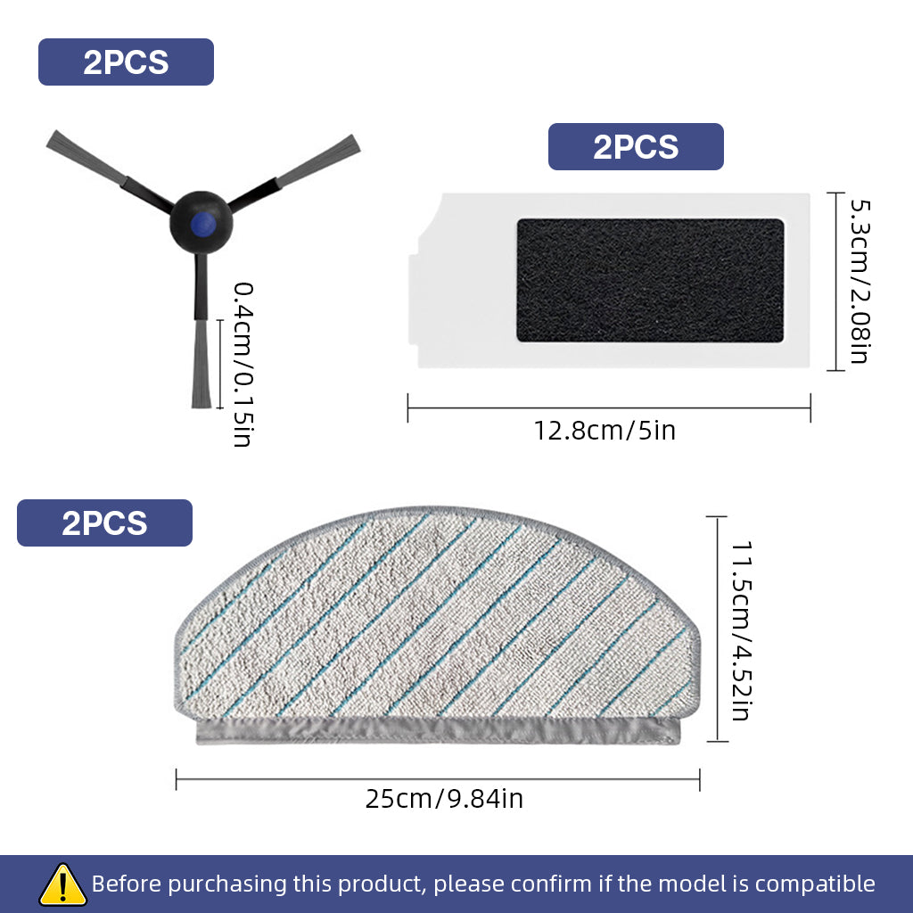HASTHIP® 6Pcs Replenishment Kit, Replacement Parts for Ecovacs N20 Pro/N20 Robot, Vacuum Cleaner Replacement Accessories:2 Side Brushes, 2 Microfiber Cloth Mop, 2 Filter
