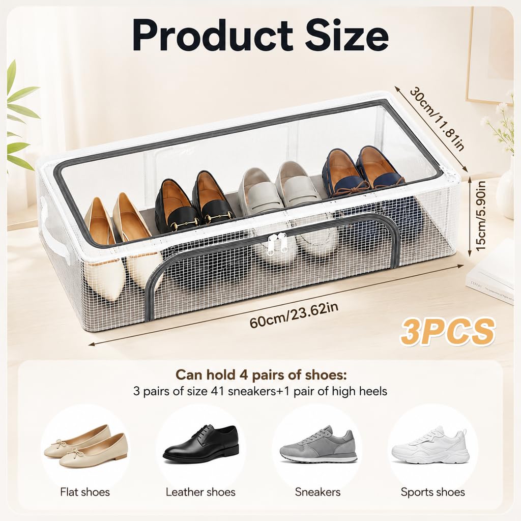 HASTHIP® 3PCS Under Bed Shoe Storage Box Organizer with Zip-up Cover,Stackable Foldable Shoe Container for Closet Space Saving,Clear Window Drawer for Sneakers Heels Boots