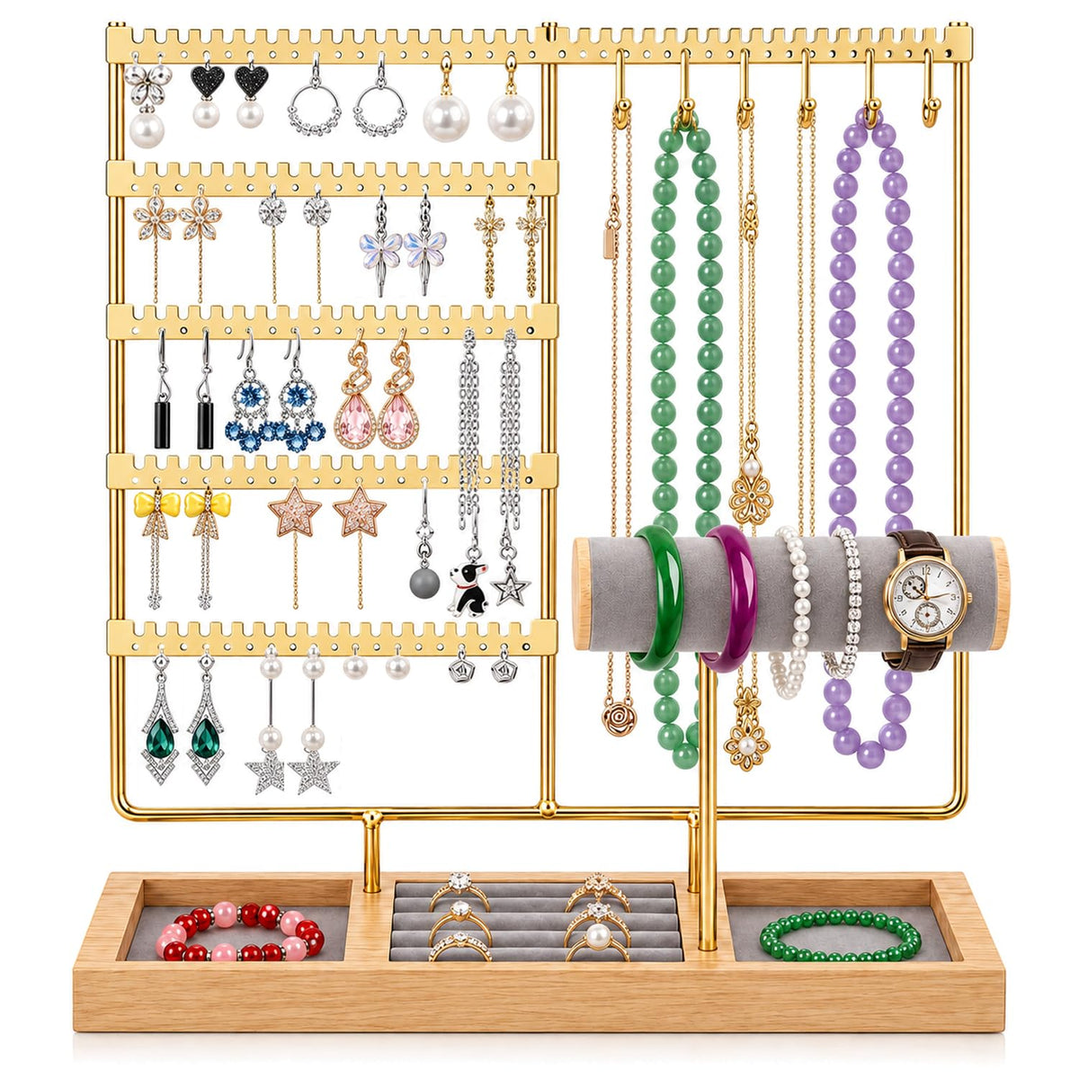 HASTHIP 4-Tier Jewelry Organizer Stand with 48 Earring Holes, 6 Hooks and White Wooden Storage Box