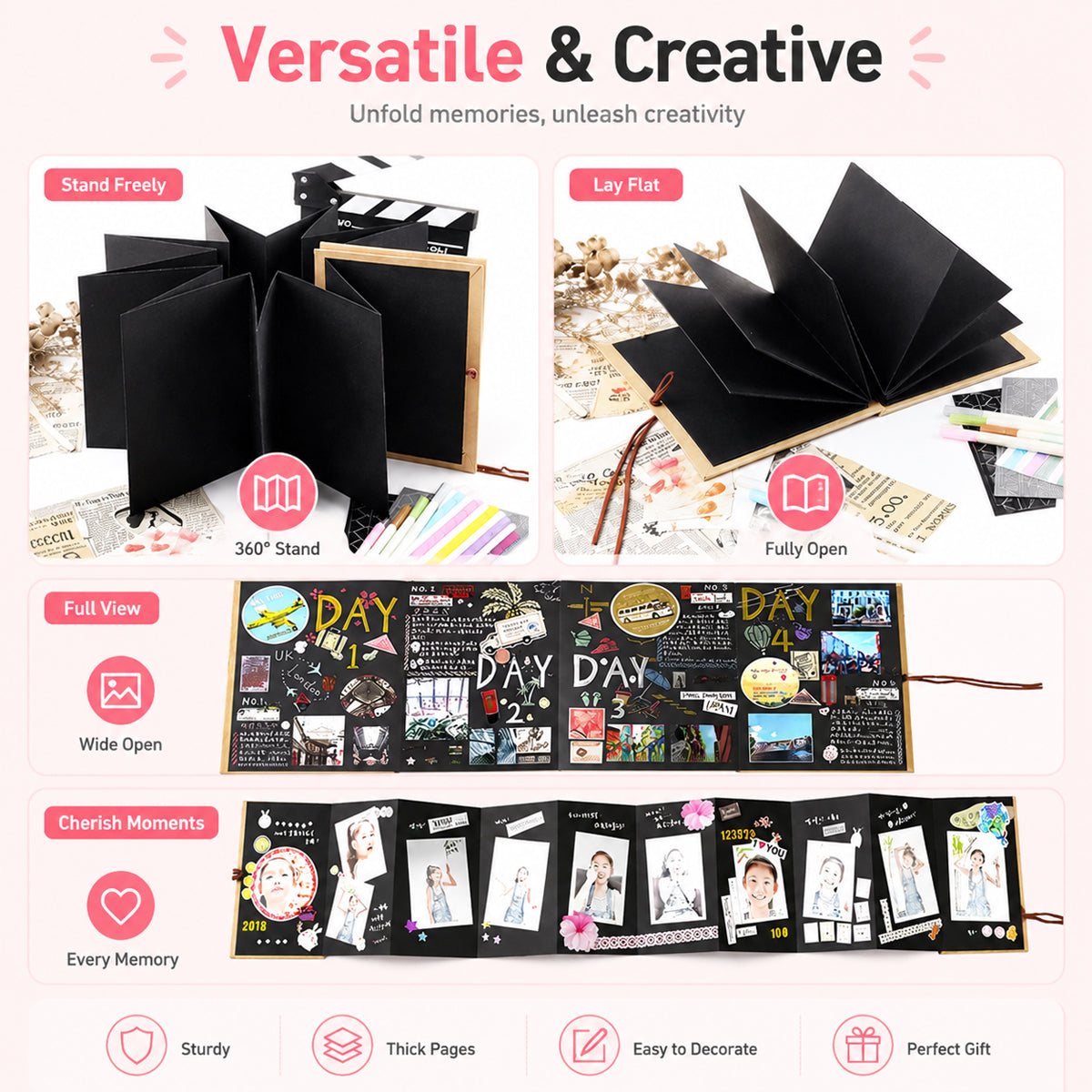 HASTHIP Foldable Accordion Scrapbook Album with Journaling Accessories for DIY Photo Memories