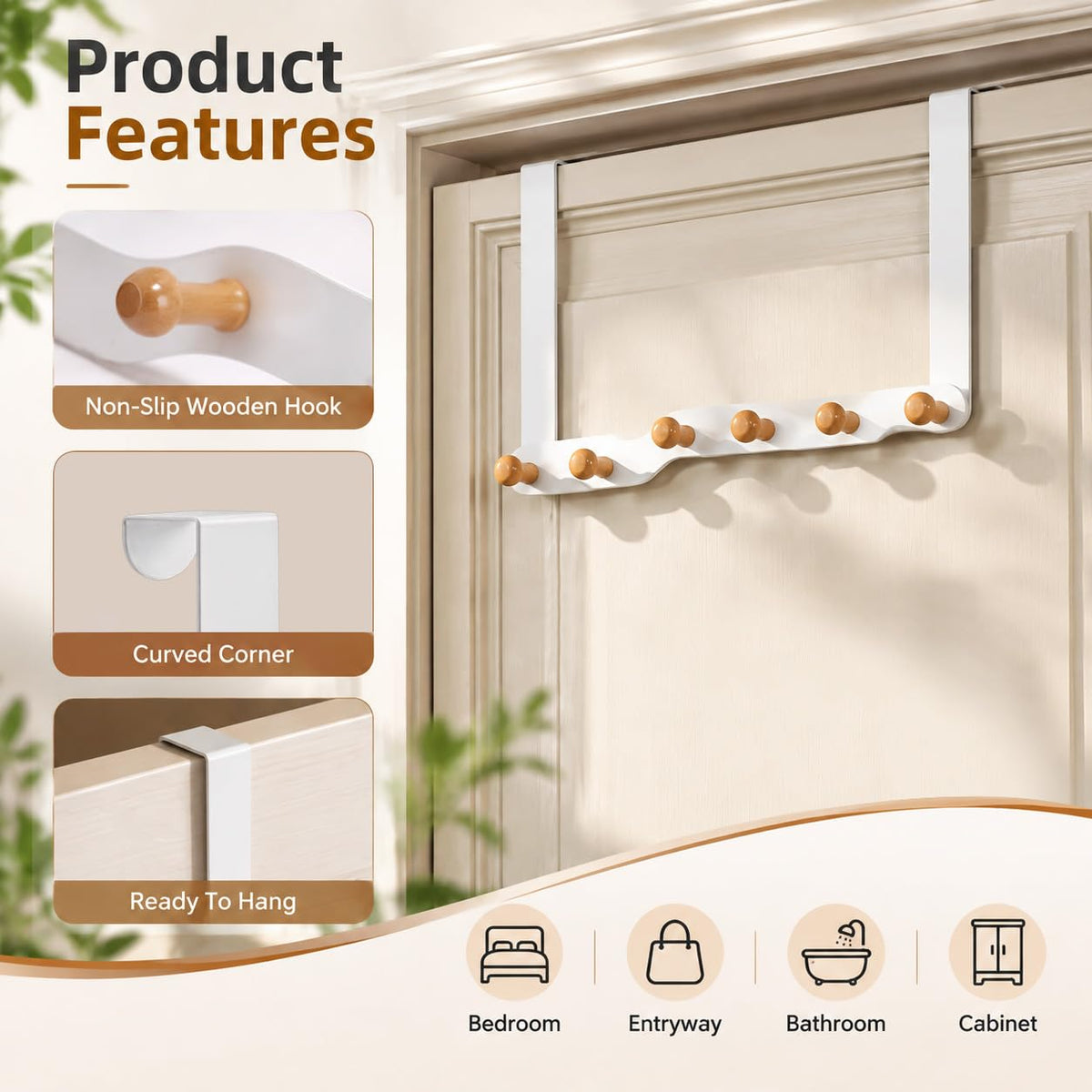 HASTHIP Over-the-Door Hook Rack with Six Non-Slip Wooden Hooks and No-Drill Hanging