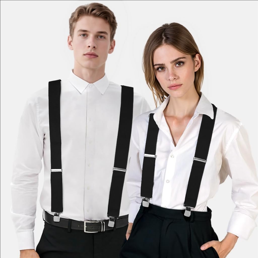 HASTHIP Suspenders for Men, 2 Inch Wide Elastic X-Back Braces with Leather Patch and Strong Clips, Adjustable Fit