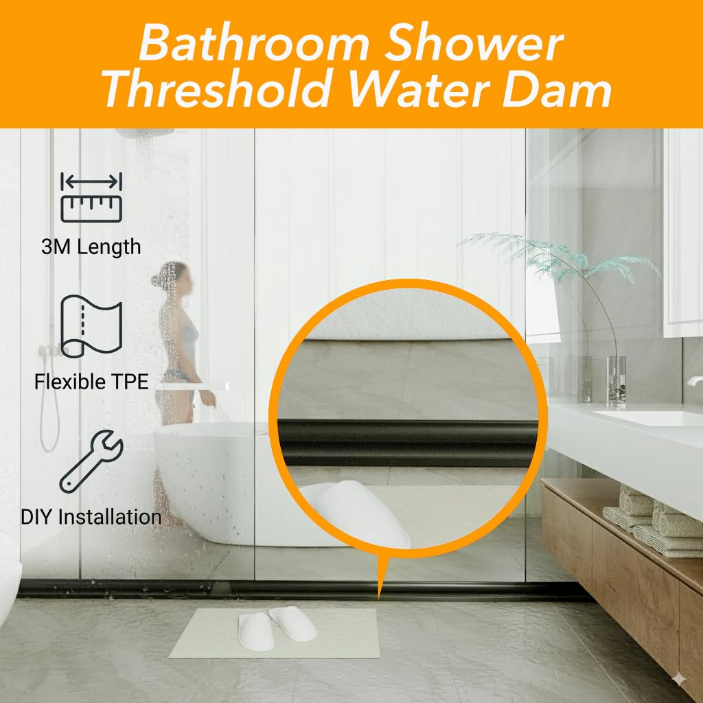 HASTHIP® Shower Threshold Water Dam Barrier3M Adhesive Flexible Silicone Water Stopper Strip for Bathroom and Kitchen Use