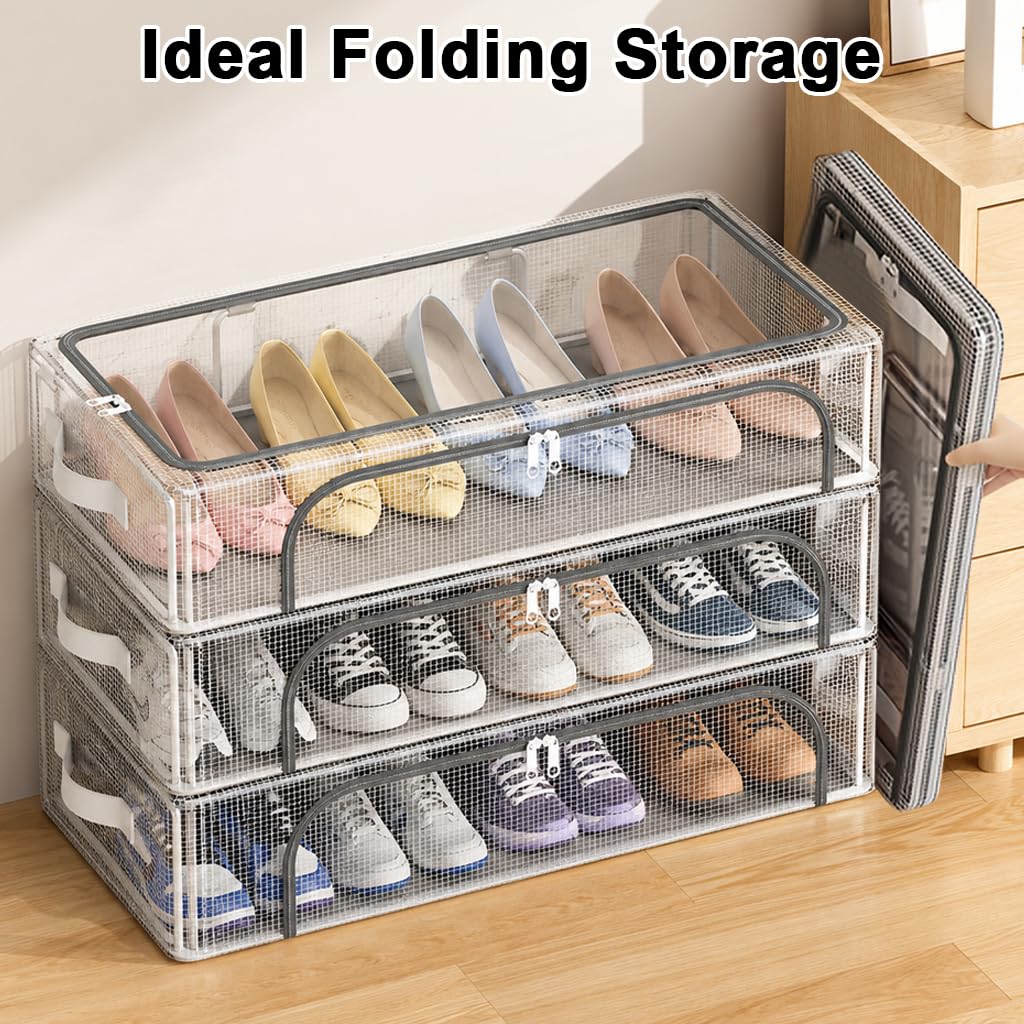 HASTHIP® 3PCS Under Bed Shoe Storage Box Organizer with Zip-up Cover,Stackable Foldable Shoe Container for Closet Space Saving,Clear Window Drawer for Sneakers Heels Boots