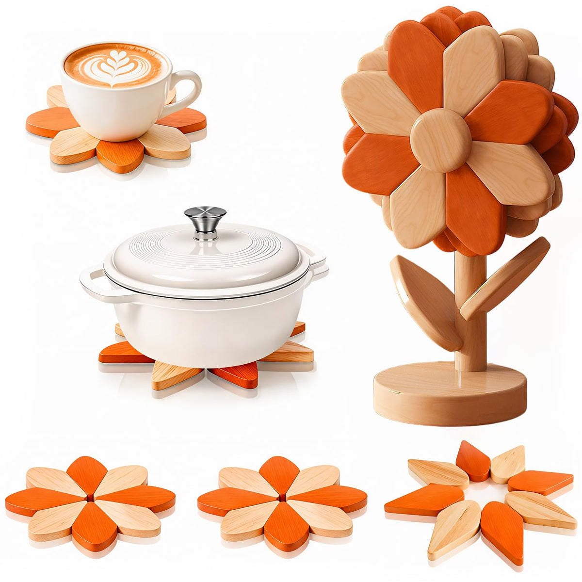 HASTHIP Sunflower Wooden Trivet Set with Expandable Petal Hot Pads in Solid Rubberwood