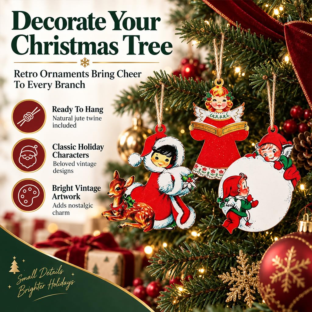 HASTHIP 20-Piece Wooden Christmas Tree Ornaments with Vintage Patterns, 8 cm Tall and Hanging Ropes