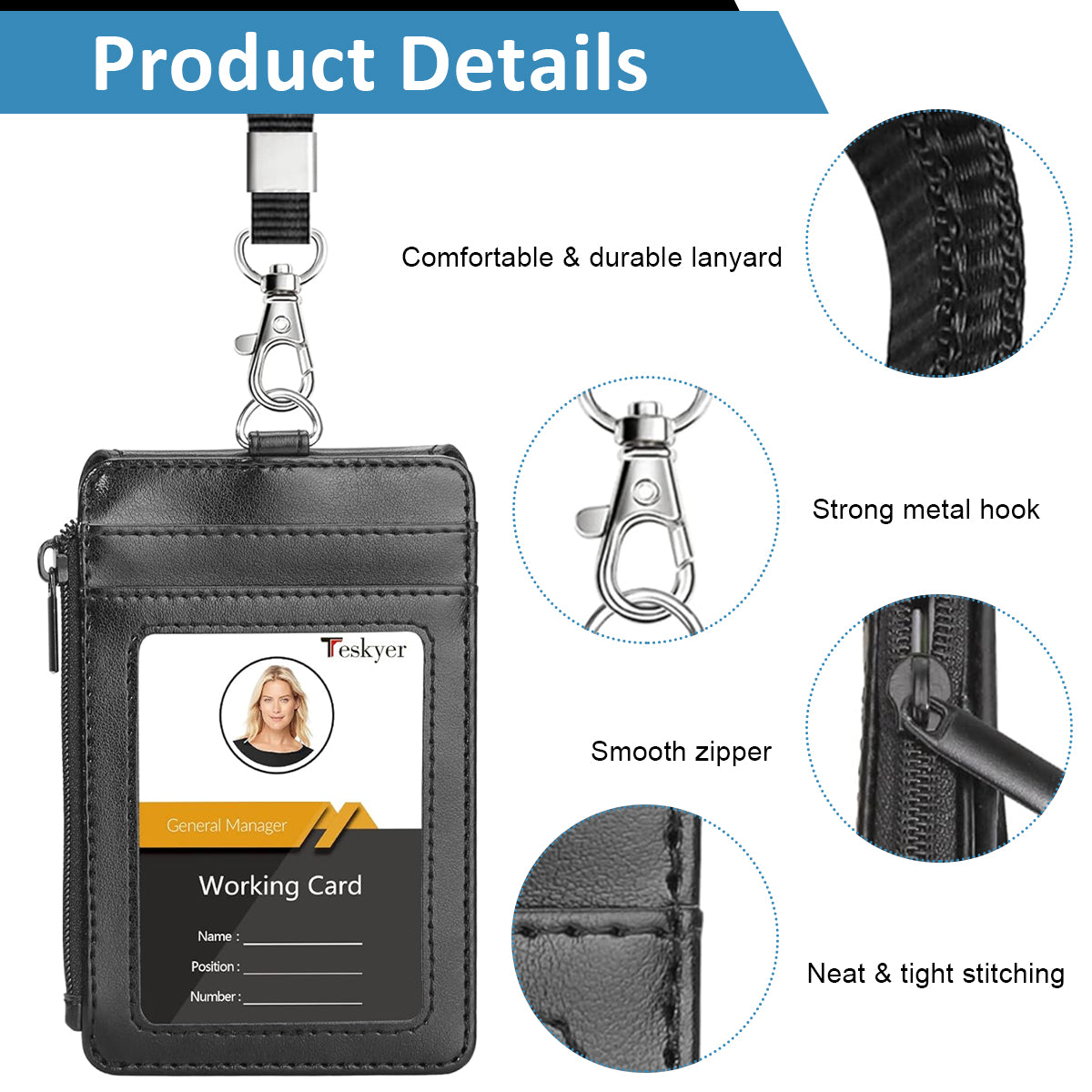 HASTHIP® PU Badge Holder Card Holder with Neck Strap Transparent Badge Holder Universal Staff Badge Holder Multi Purpose Badge Holder with Zipper Pouch & Card Slots