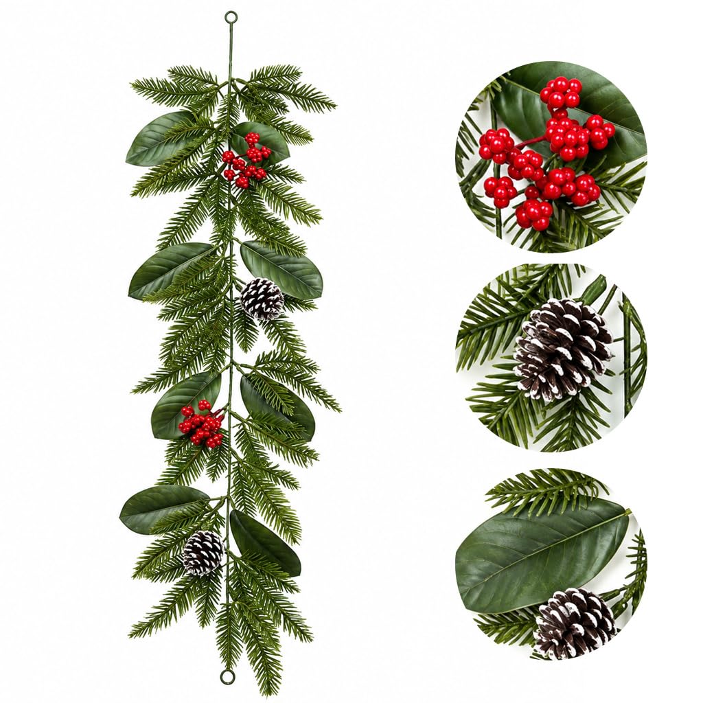 HASTHIP 3.2-Foot Artificial Christmas Garland with Red Berries, Pinecones and Bendable Wire Stem