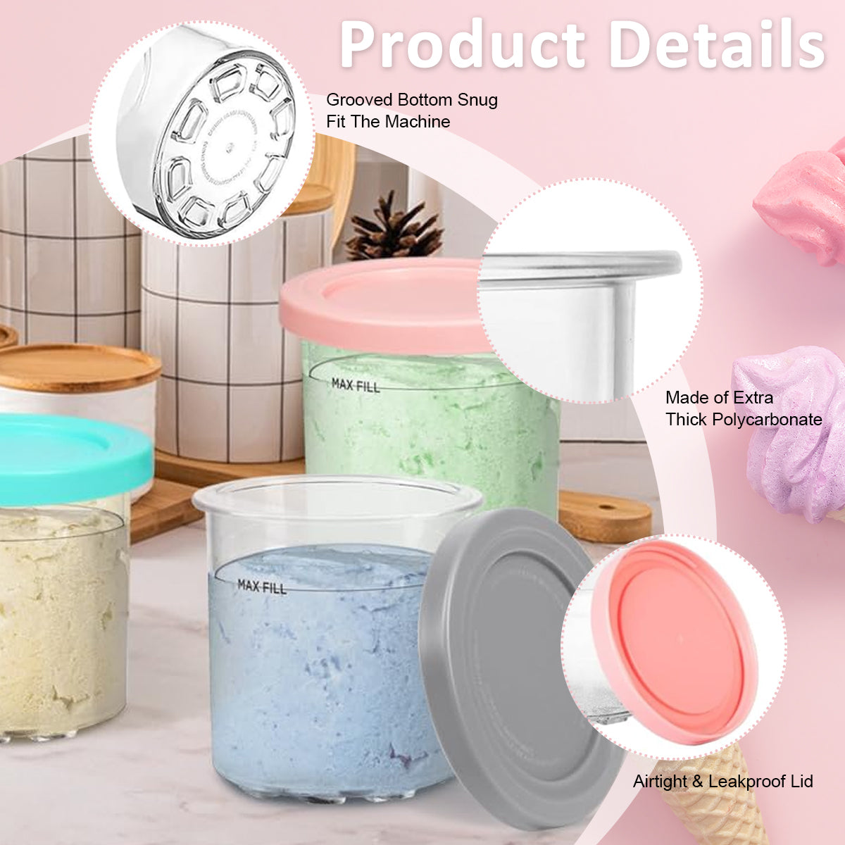 HASTHIP® 4Pcs 16Oz Ice Cream Tubs Compatible with Ninja CREAMi Ice Cream Maker NC300, NC299AM Ice Cream Tubs Ice Cream Pints with Lids for Ninja Ice Cream Maker, with 4 Color Spoons & Ice Cream Scoop