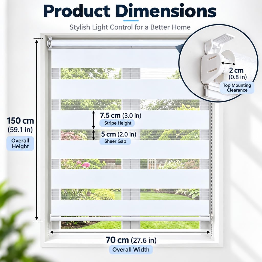 HASTHIP 27 x 51-Inch Cordless Zebra Blind for Windows, Double-Layer White Light Control
