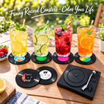 HASTHIP Retro Vinyl Record Coaster Set with Six 10cm Coasters and Record Player Holder