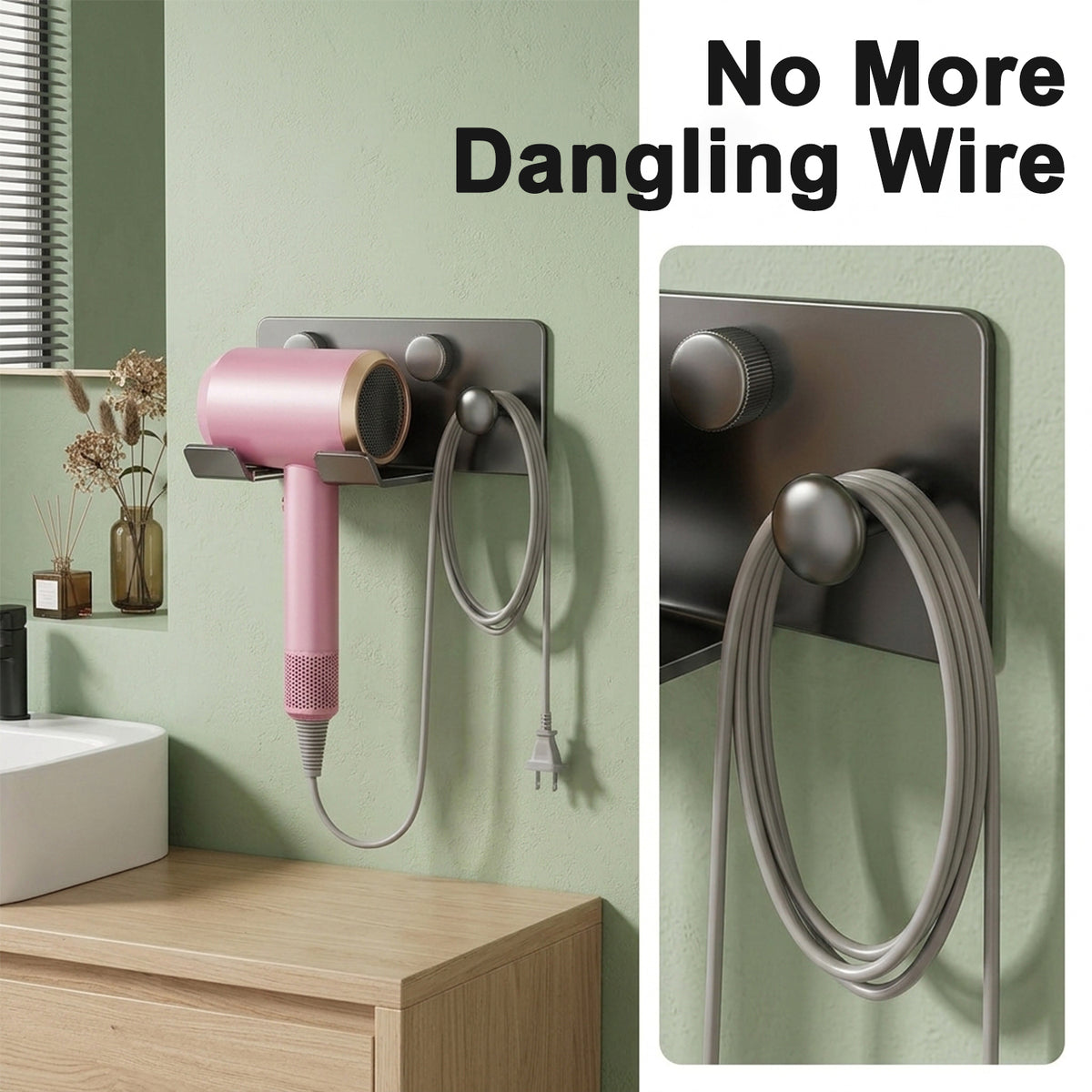 HASTHIP Wall-Mounted Hair Dryer Holder in Carbon Steel with U-Shaped Soft Rubber Support and Cord Hook