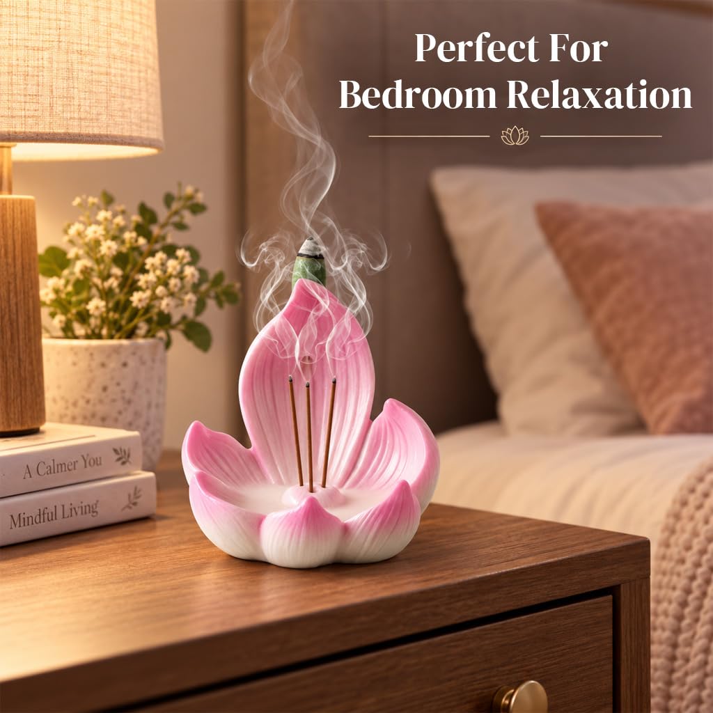 HASTHIP Lotus Incense Burner, 4-Hole Resin Stick Holder with Leaf Tray for Pooja and Meditation