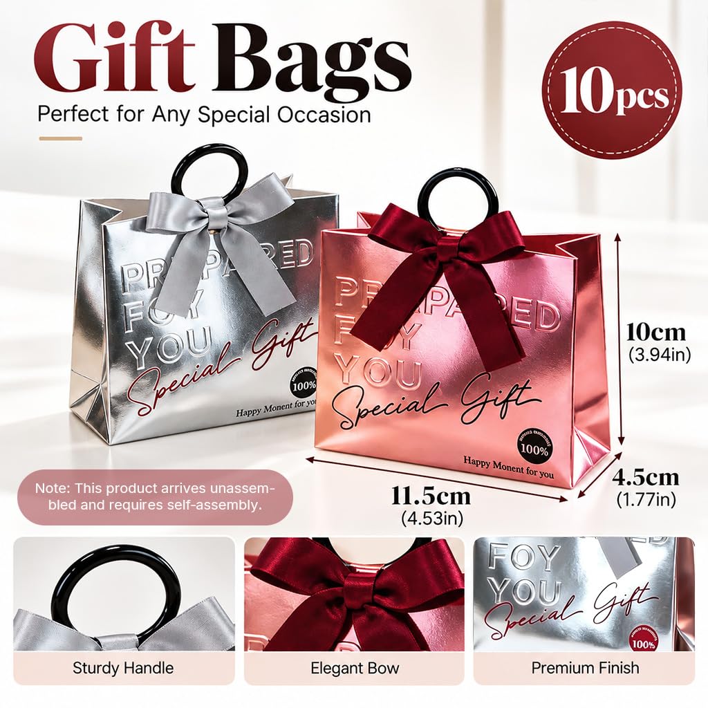 HASTHIP Metallic Foil Gift Boxes with Ring Handles, Pre-Tied Bows and Embossed Typography