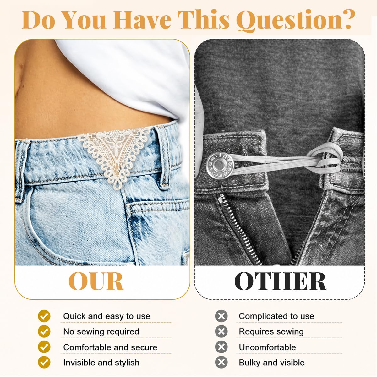 HASTHIP 10-Piece Soft Lace Pant Waist Extenders for Sew-On Jeans, Trousers and Skirts