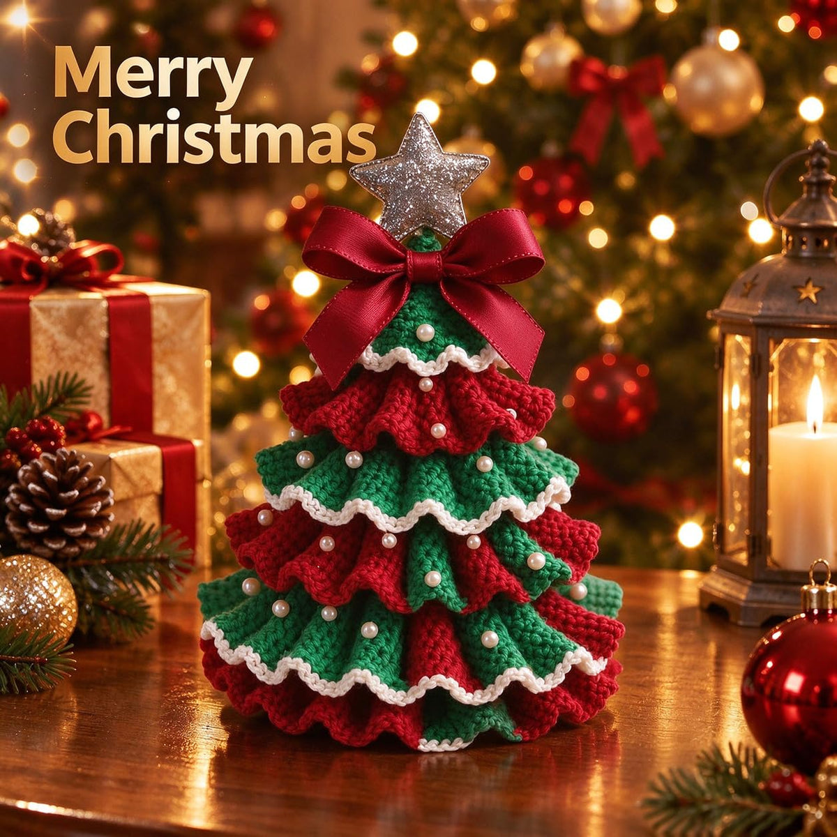 HASTHIP DIY Crochet Christmas Tree Kit with Hook, Soft Yarn, Pearls, Bows and Beginner Instructions