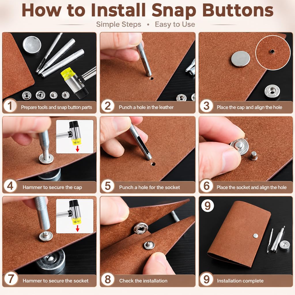 HASTHIP Metal Snap Fastener Kit, 120 Sets of 12.5 mm Snaps in 4 Finishes with Setting Tools and Hammer
