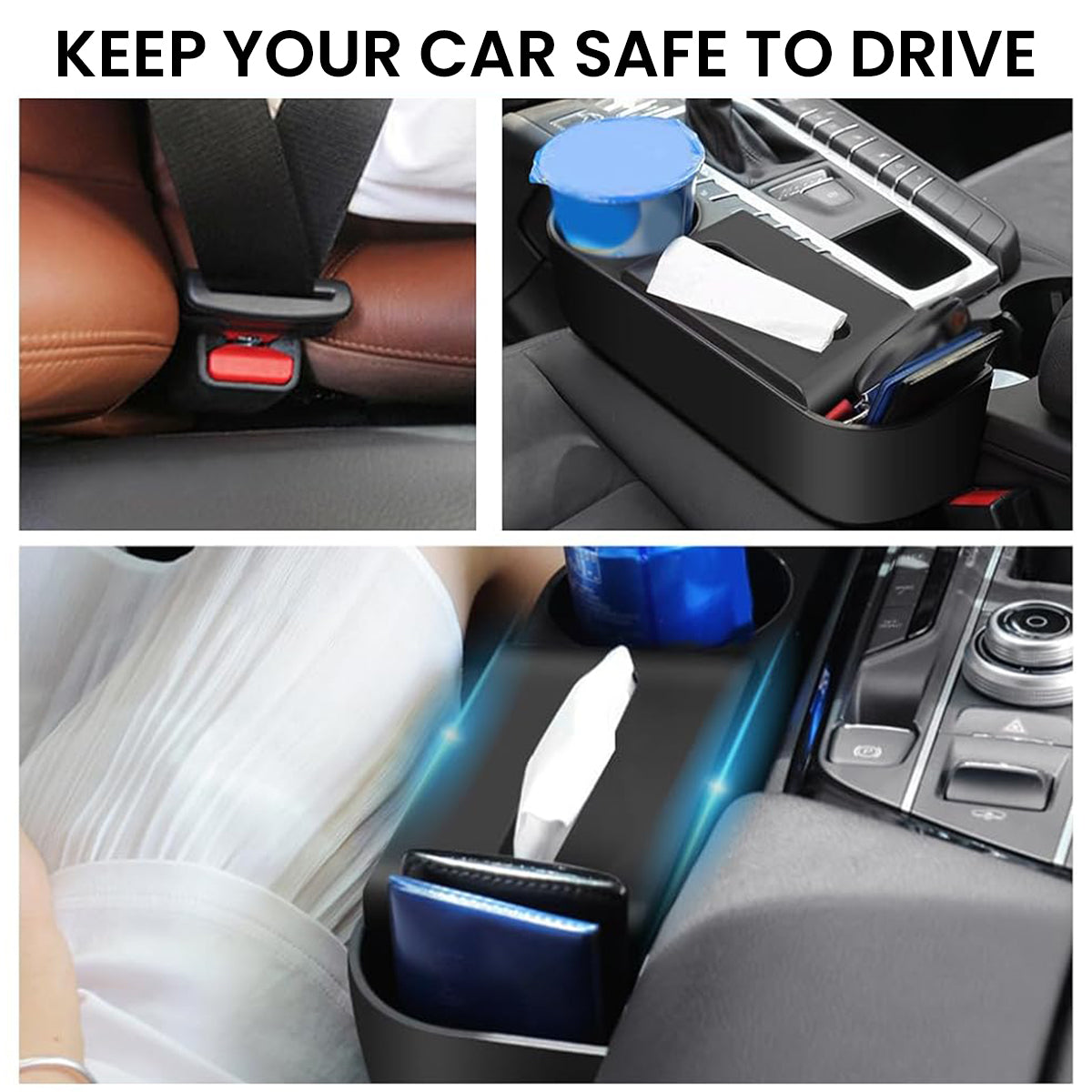 HASTHIP® 3in1 Car Seat Gap Filler Organizer with Cup Holder&Car Tissue Holder,Multipurpose Seat Gap Storage Box