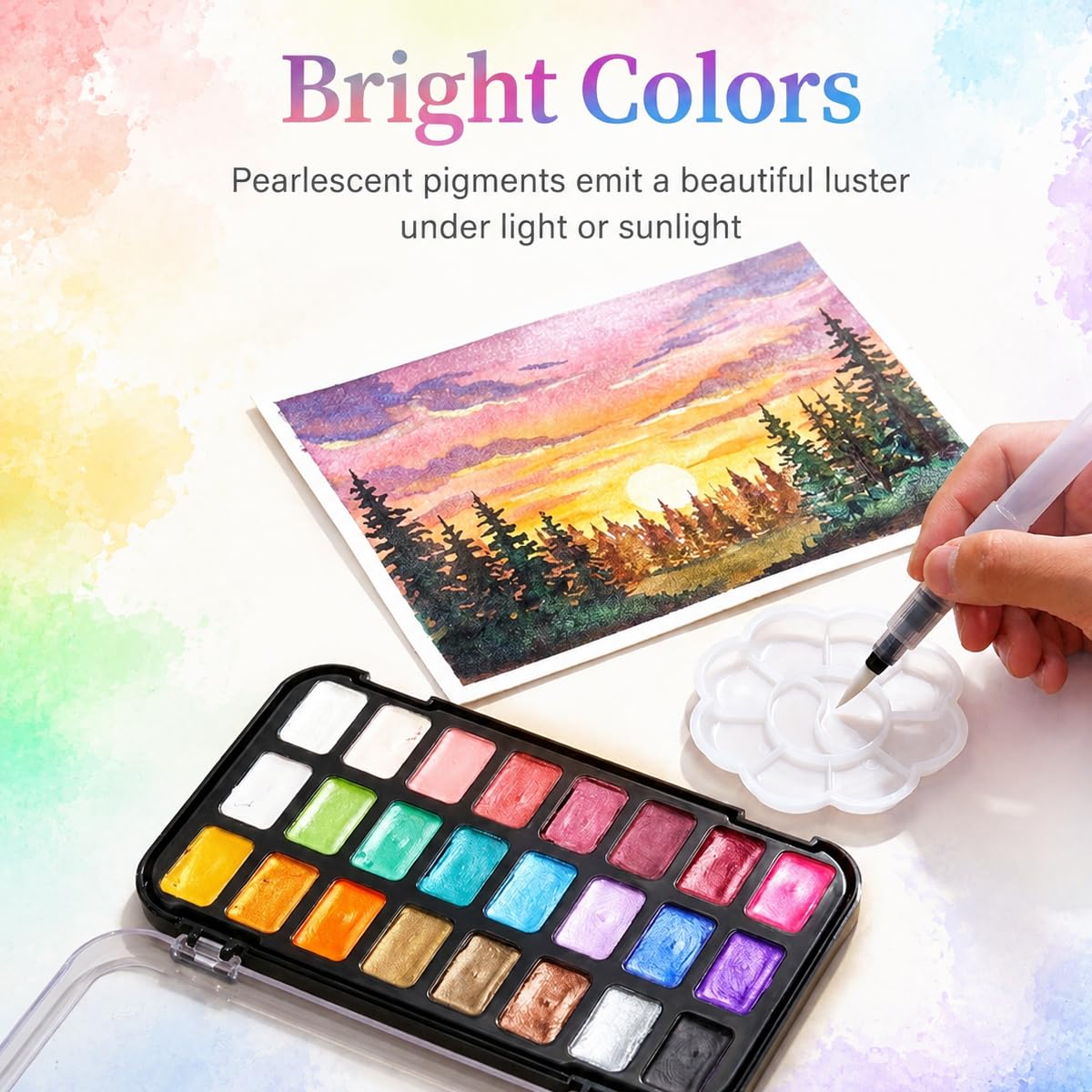 HASTHIP 24 Color Metallic Watercolor Paint Set with Shimmering Solid Pigments and Portable Mandala Case