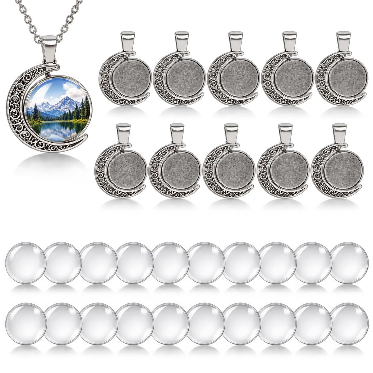 HASTHIP 40-Piece Rotating Moon Pendant Tray Set with 10 Silver Bases, Chains and 25mm Clear Glass Cabochons