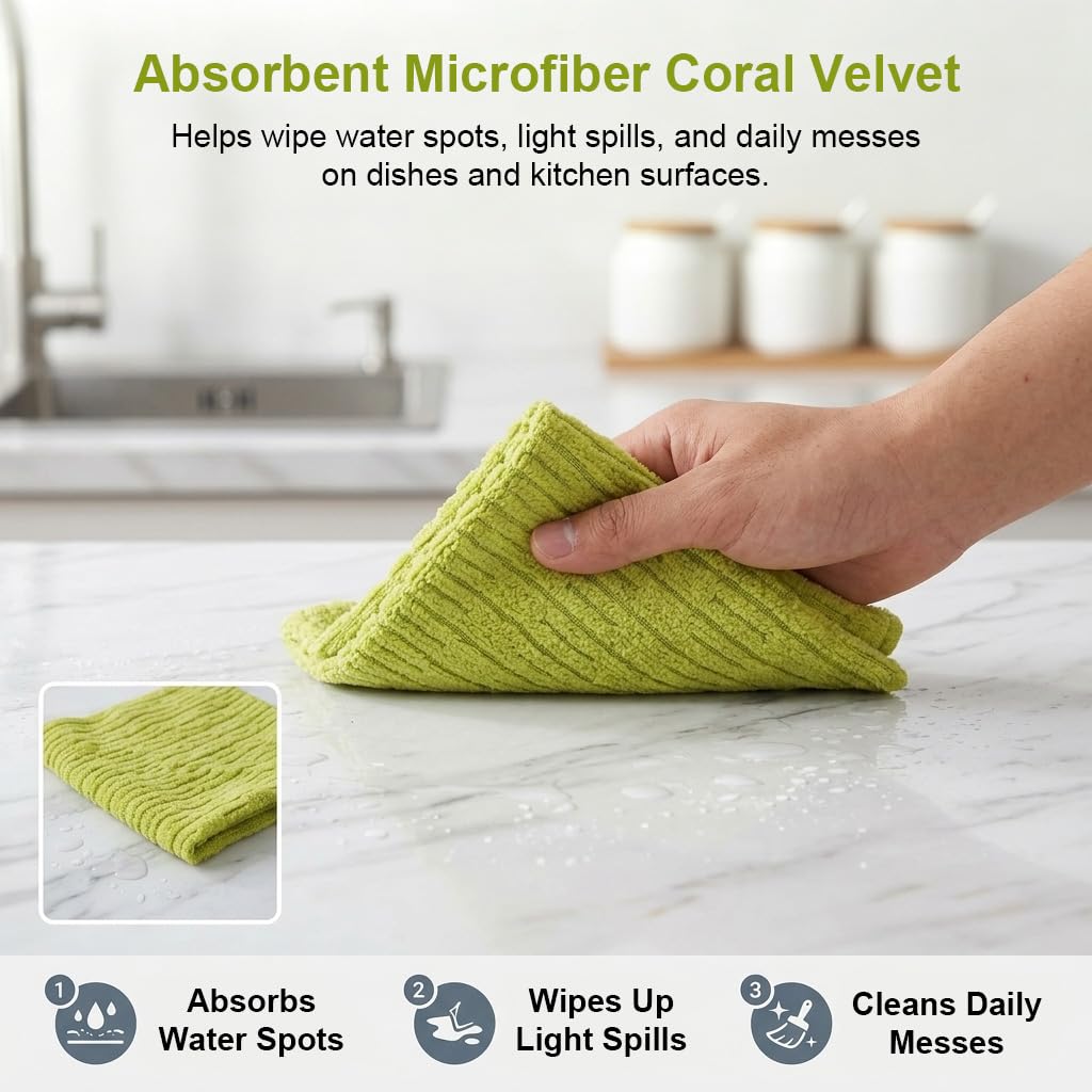 HASTHIP Microfiber Tear-Off Cleaning Cloth Roll, 20 Reusable Green Striped Wipes, 25 x 25 cm