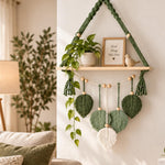 HASTHIP Boho Wall-Mounted Storage Shelf with Green Leaf Weaving, Tassel Trim and Wood Platform