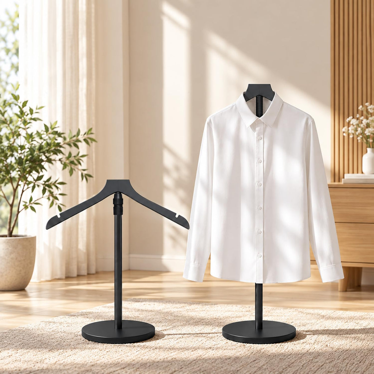 HASTHIP Adjustable Shirt Display Stand with Solid Wood Hanger and Weighted Round Metal Base