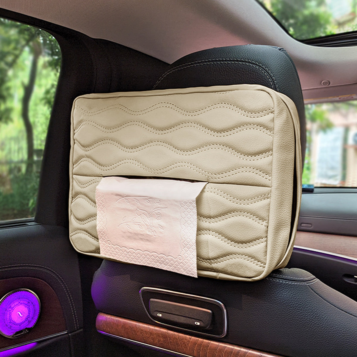 HASTHIP® Car Tissue Holder Box Fashion PU Car Tissue Paper Holder for Headrest Backseat Waterproof Car Tissue Paper Holder Tissue Box with Zipper Closure, 29x21.5x7.5cm, Beige Color