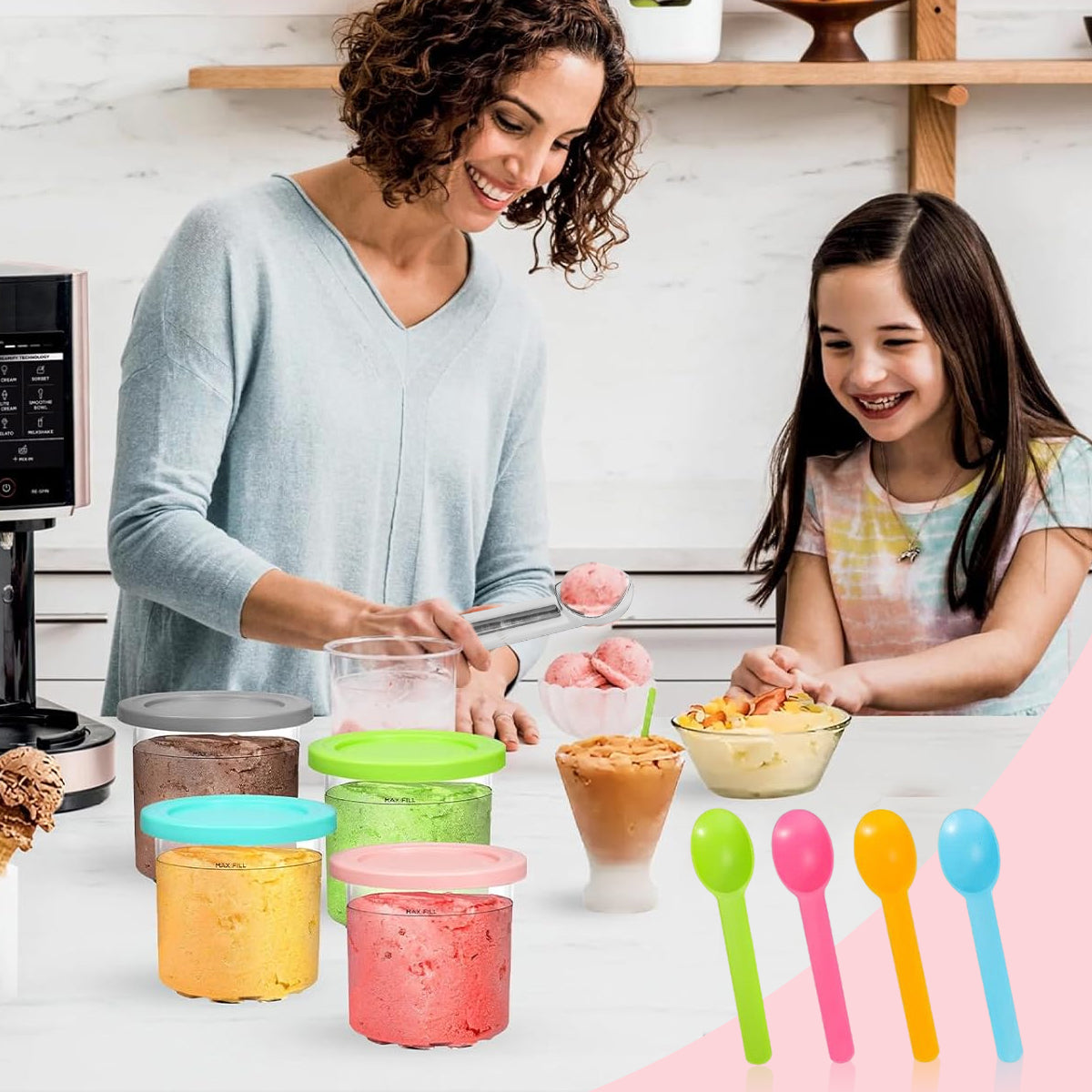 HASTHIP® 4Pcs 16Oz Ice Cream Tubs Compatible with Ninja CREAMi Ice Cream Maker NC300, NC299AM Ice Cream Tubs Ice Cream Pints with Lids for Ninja Ice Cream Maker, with 4 Color Spoons & Ice Cream Scoop