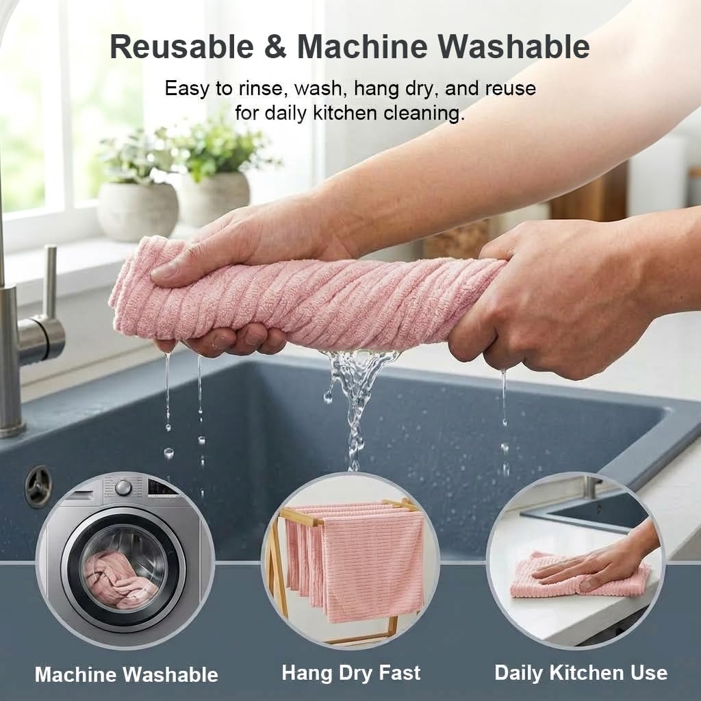HASTHIP 20-Piece Microfiber Cleaning Cloth Roll, Reusable, Absorbent and Lint-Free, Pink