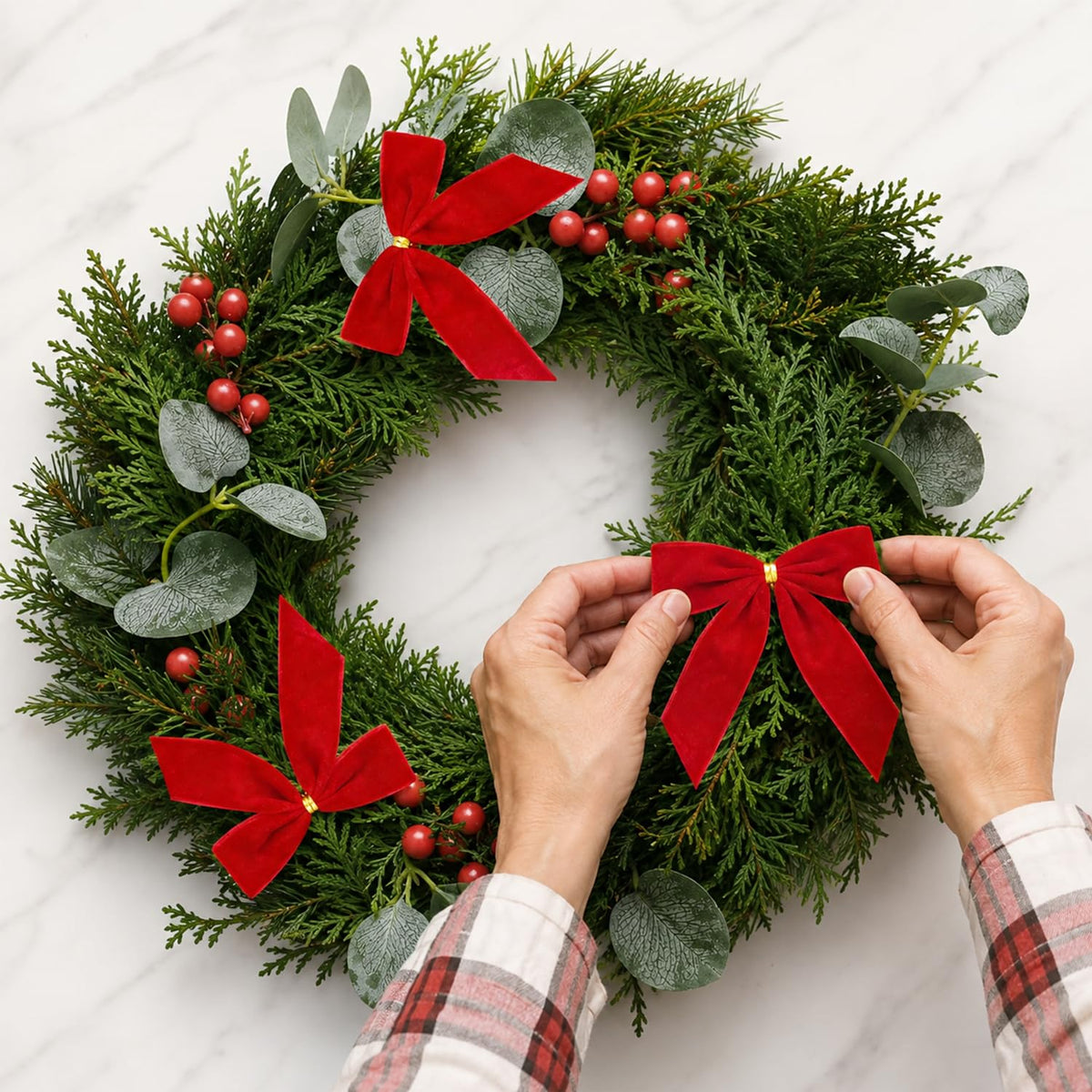HASTHIP 24-Piece Red Velvet Christmas Bow Ornaments with Golden Tie Wires for Holiday Decorating
