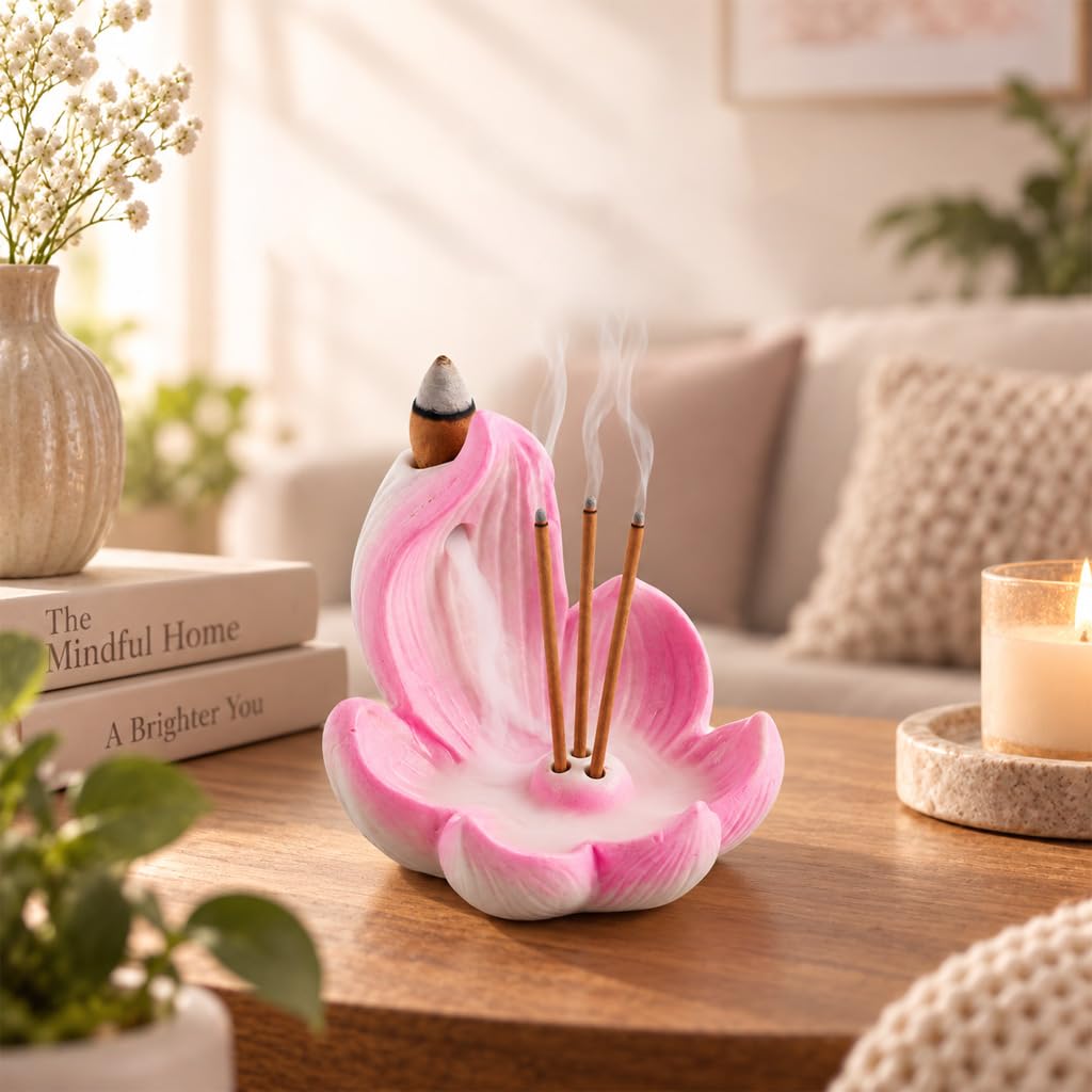 HASTHIP Lotus Incense Burner, 4-Hole Resin Stick Holder with Leaf Tray for Pooja and Meditation