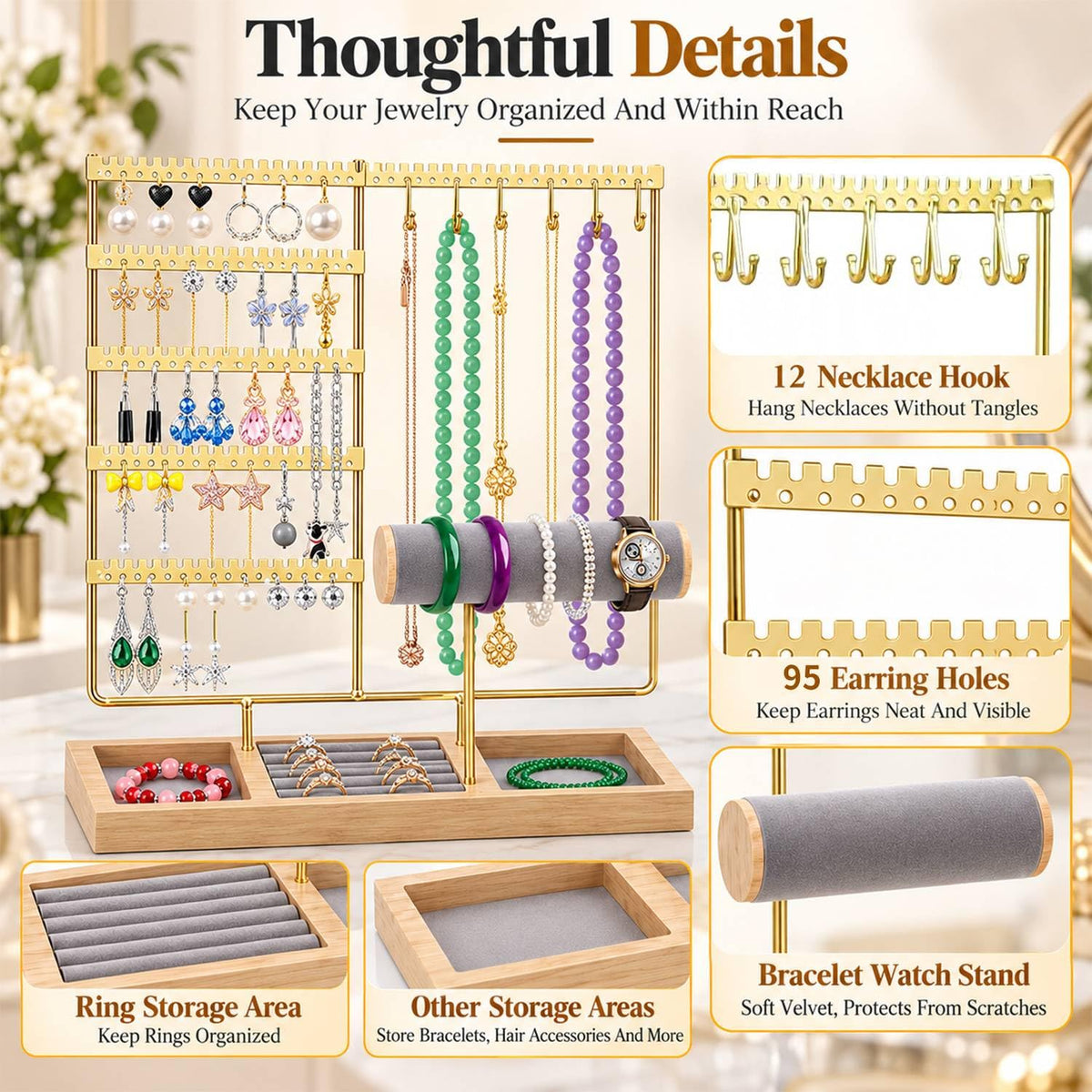 HASTHIP 4-Tier Jewelry Organizer Stand with 48 Earring Holes, 6 Hooks and White Wooden Storage Box