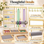 HASTHIP 4-Tier Jewelry Organizer Stand with 48 Earring Holes, 6 Hooks and White Wooden Storage Box