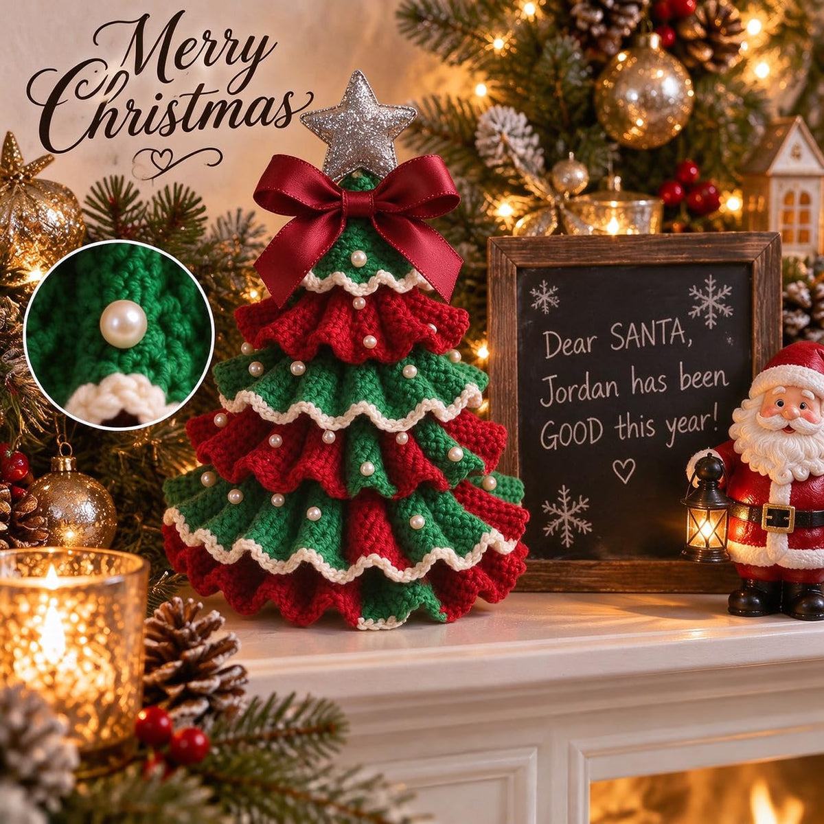 HASTHIP DIY Crochet Christmas Tree Kit with Hook, Soft Yarn, Pearls, Bows and Beginner Instructions