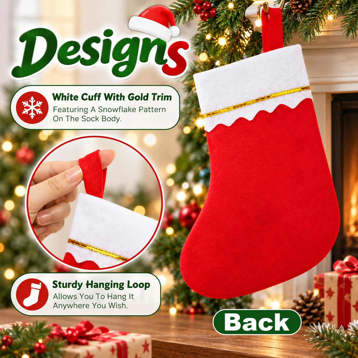 HASTHIP 12-Piece Mini Christmas Stocking Cutlery Holders with Hanging Loops and Four Festive Designs