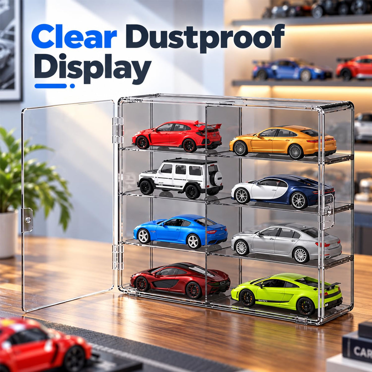 HASTHIP 8-Slot Grey Transparent Car Display Case for 1/64 Scale Cars, Stackable and Wall-Mountable