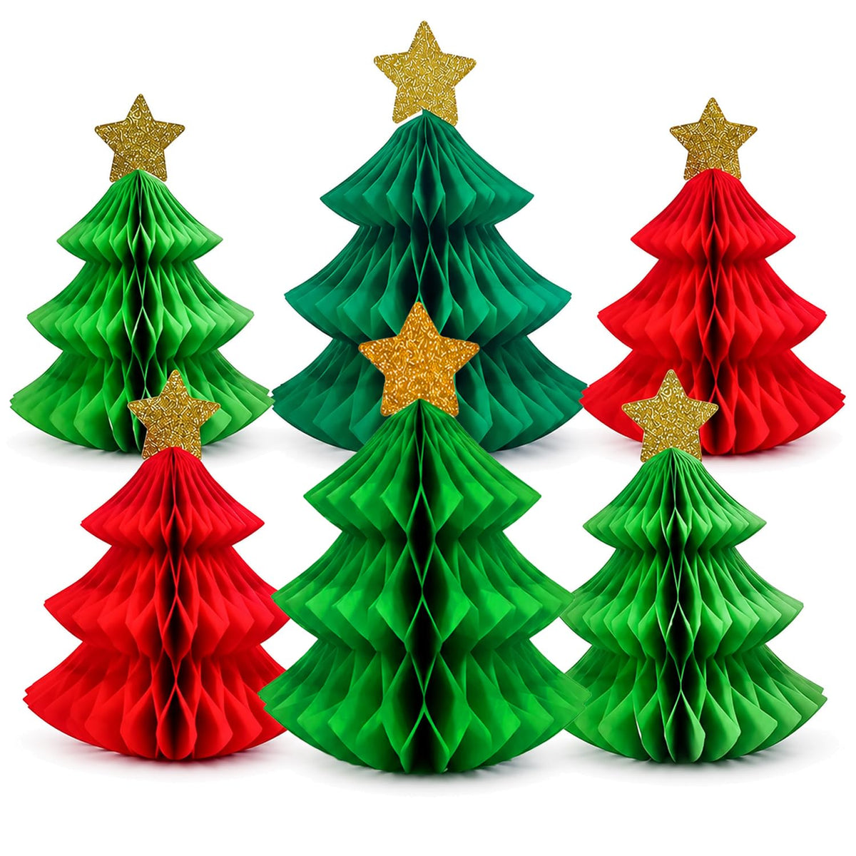 HASTHIP 6-Piece Paper Christmas Tree Decorations with Honeycomb Design, Gold Stars and Two Sizes
