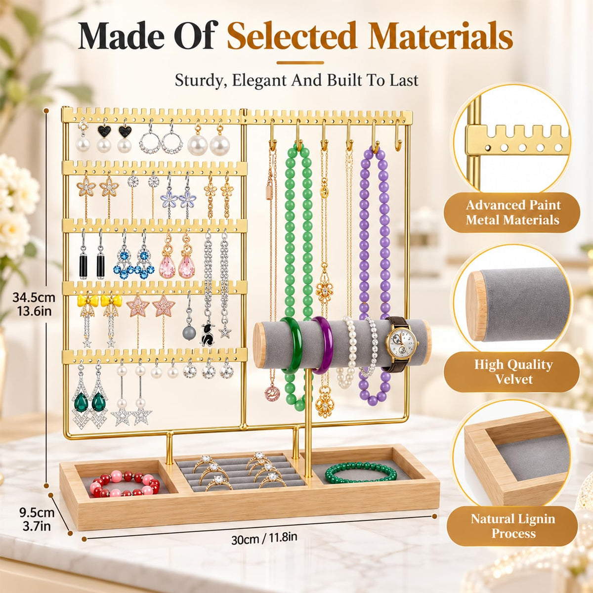 HASTHIP 4-Tier Jewelry Organizer Stand with 48 Earring Holes, 6 Hooks and White Wooden Storage Box