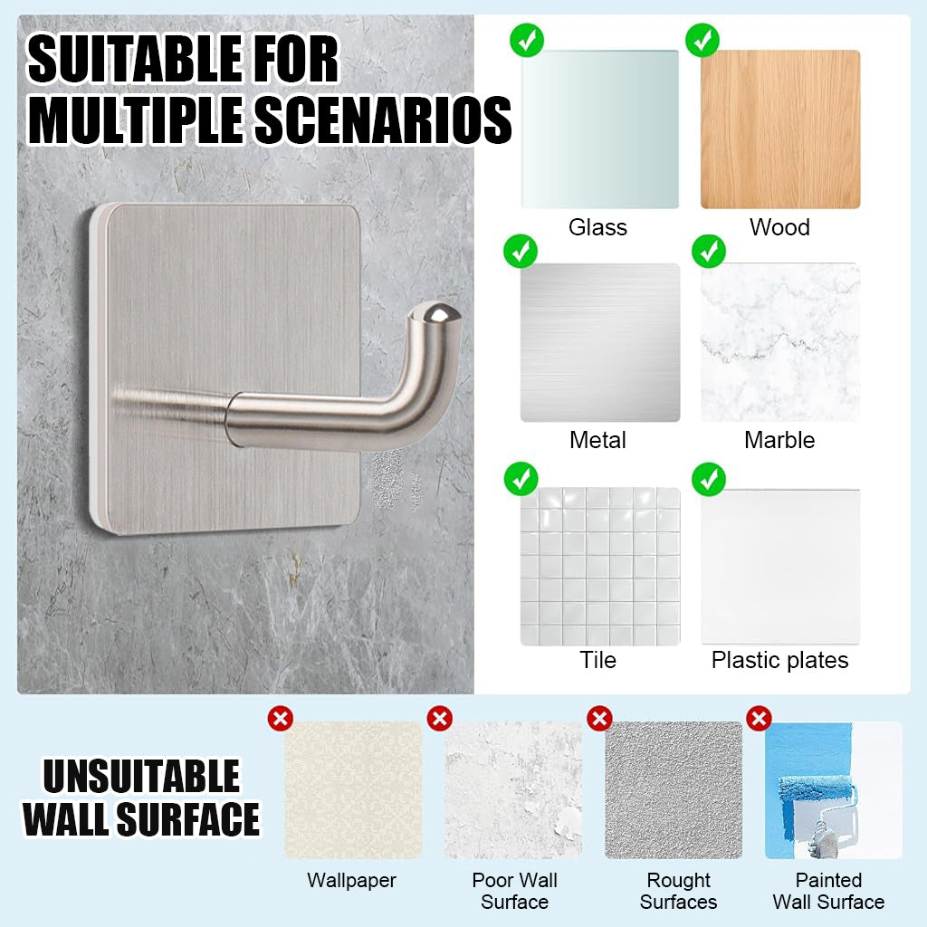 HASTHIP® Self Adhesive Wall Hooks Pack of 8, Heavy Duty 6.6lbs Stainless Steel Hooks, Rust-Proof Multipurpose Hooks for Bathroom, Kitchen, Bedroom & Office, Easy Installation, No Drilling Required