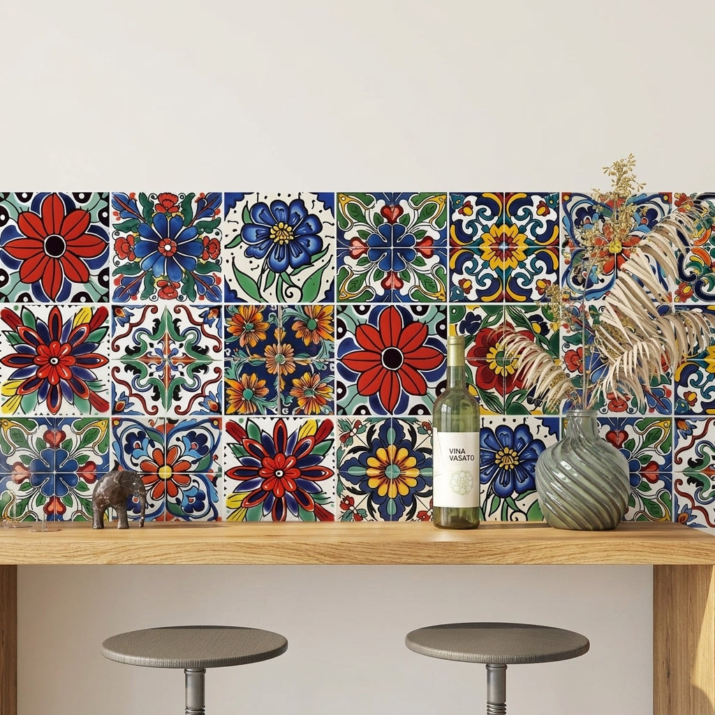 HASTHIP Peel and Stick Tile Decals, 30 Vinyl Stickers, 10 x 10 cm Mediterranean Floral Patterns