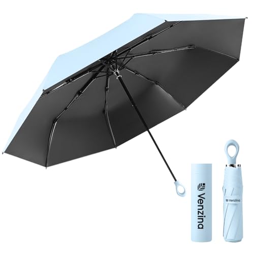 HASTHIP® UPF 50+ Travel Umbrella Compact Folding Windproof Lightweight Sun & Rain Protection Black Coated Liner Fiberglass Ribs Portable Fashion Mini Parasol with Rubberized Loop Handle, Blue