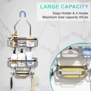 HASTHIP® Wall Shower Caddy 2-Tier No-Drill Adhesive Organizer, Rustproof Quick-Dry Bathroom Shelf with Hooks, Space-Saving Corner Storage and Soap Holder, Wall Mounted Shelves