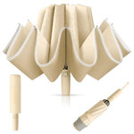 HASTHIP® 3 Fold Umbrella for Rain with Reflective Strip, Compact Travel Umbrella Auto One-Touch Open/Close, Reinforced 10 Dual Ribs, Sun Protection 99% UV & Rain & Windproof for Men Women (Khaki)