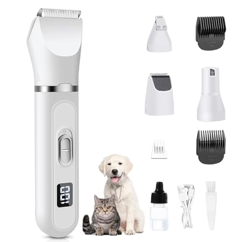 HASTHIP® Dog Hair Trimmer, 4 in 1 Dog Grooming Kit with Low Noise, Waterproof LED Display Dog Grooming Clippers Pet Hair Cutting for Dogs Cats - USB Rechargeable