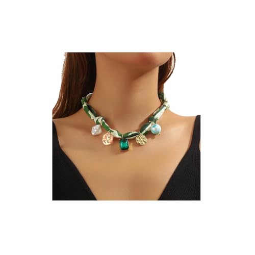 HASTHIP® Convertible Convertible Silk Scarf Necklace for Women, Adjustable Statement Jewelry, 14K Gold Plated Charms, Green Layered Pendant, Trendy Fashion Accessories, Gift for Her
