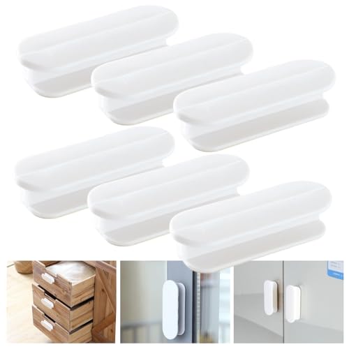 HASTHIP® 6 Pack Self-Stick Cabinet Door Drawer Handles, Stick-On Pulls for Kitchen, Wardrobe, Sliding Door, Window, Office, White Auxiliary Handle Helper, No-Drill Knobs for Furniture and Cupboards