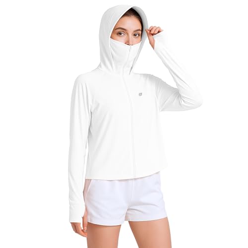 HASTHIP® Women's UPF 50+ Athletic Jacket Long Sleeve Lightweight Sunscreen Protective Clothing UV Sun Protection Full Zip Cooling Hoodie for Women for Outdoor Hiking, White-2, L